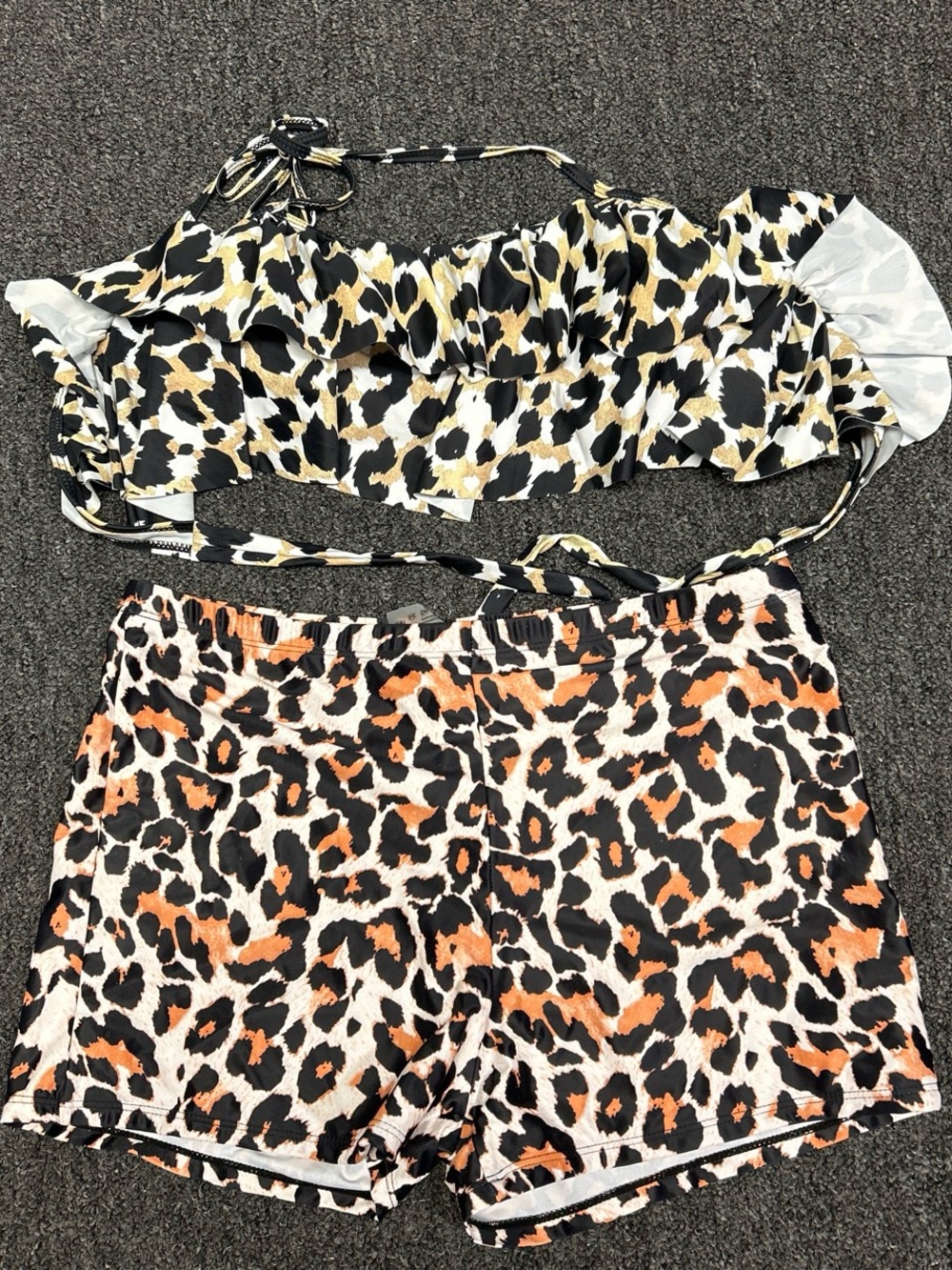 Leopard Print Ruffle Bikini Top & Shorts Set - Black, Tan, Orange